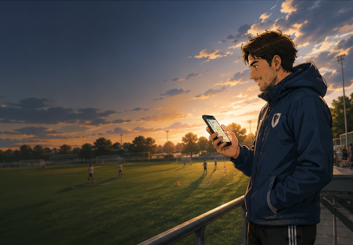 Calm coach managing his club with Clubero from the sideline